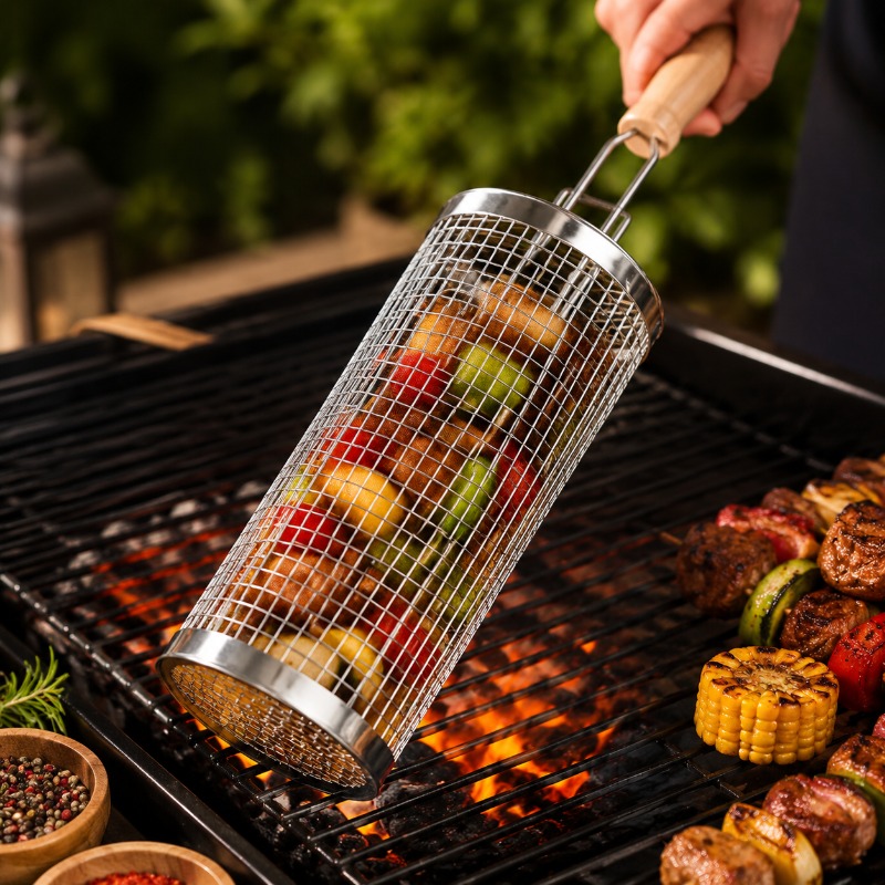 Round Barbecue Grill Basket Se - Camping Cooking Basket 评论和价格