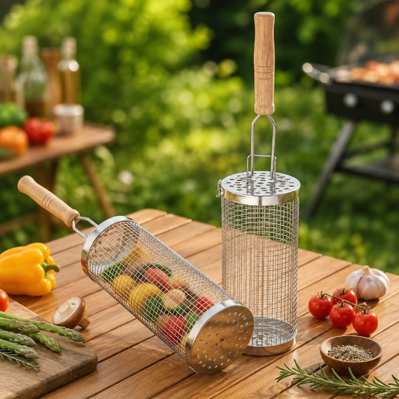 Round Barbecue Grill Basket Se - Camping Cooking Basket 评论和价格